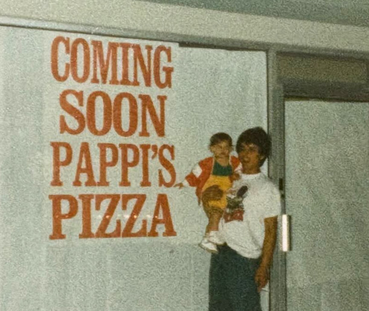 1990 photo of "Coming Soon: Pappi's Pizza" sign
