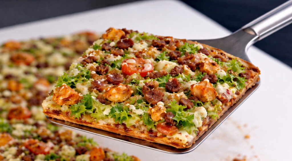 Pizza slice being served